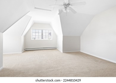 Clean and Bright Finished Attic Space. Vacant bonus room for virtual staging. Carpeted bedroom, family room, play room or office. - Powered by Shutterstock