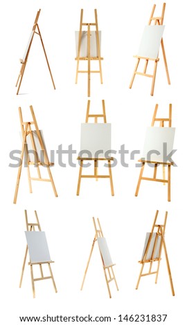 Clean canvas on a wooden easel isolated on a white background. 