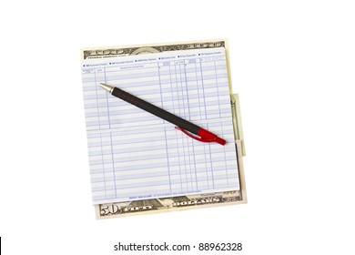 Clean Checkbook With Pen And Money On White Background