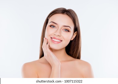 Clean Clear Pampering Wellness Freshness Rejuvenation Concept. Close Up Portrait Of Beautiful Tender Cute Pure Girl Touching Her Smooth Soft Flawless Perfect Skin On Cheek Isolated On White Background