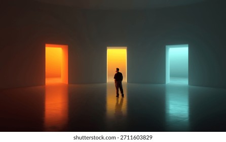 Clean composition. Man observing three bright doorways in wide minimal hall. Concept of decision-making, product pathways, UX flow design, marketing metaphors, self-growth and choice themes.