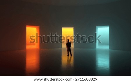 Clean composition. Man observing three bright doorways in wide minimal hall. Concept of decision-making, product pathways, UX flow design, marketing metaphors, self-growth and choice themes.