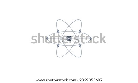 A clean conceptual diagram representing atomic structure displays delicate curved orbits surrounding a central nucleus rendered in cool tones on a solid white background.