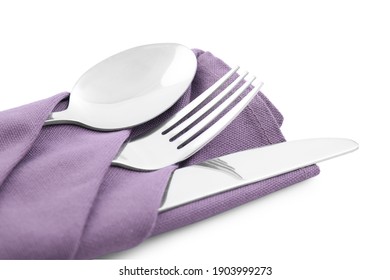 Clean Cutlery With Napkin Isolated On White