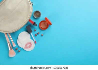 Clean And Dirty Cotton Pads, Cosmetic With Brushes In Bag On Turquoise Background, Flat Lay. Space For Text