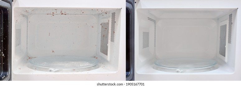 Clean And Dirty Microwave Before And After Cleaning, Close-up. Kitchen Appliances After Washing And Cleaning.