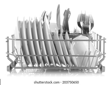 Clean Dishes Drying On Metal Dish Rack, Isolated On White