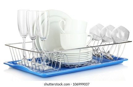 Clean Dishes On Stand Isolated On White