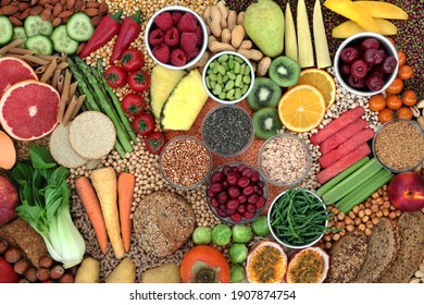 Clean eating high fibre health food for good digestive gut health with fruit, vegetables, nuts, grains, pasta, cereals and  legumes. Also high in antioxidants,  vitamins, lycopene omega 3 and protein.
