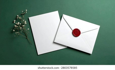 A clean and elegant composition featuring a white envelope sealed with a red wax stamp, alongside a blank white card, set against a deep green backdrop.