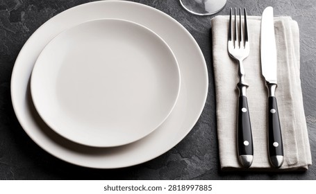 A clean and elegant table setting featuring stacked white plates and polished silverware on a textured dark surface.