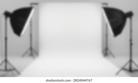 A clean and empty photography studio with two professional softbox lights on stands illuminating a seamless white background, ready for a photoshoot.