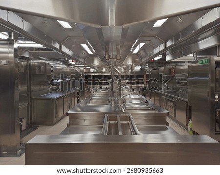 A clean and empty professional kitchen with a sleek, symmetrical design. The space is dominated by reflective stainless steel counters, sinks, and industrial-grade equipment under bright 