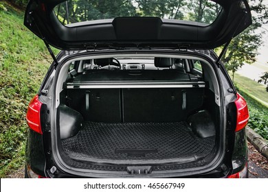 clean empty trunk of black hatchback in a forest