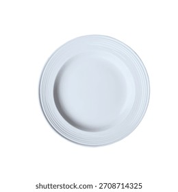 A clean, empty white ceramic dinner plate is shown from a top-down perspective against a stark white background.