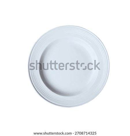 A clean, empty white ceramic dinner plate is shown from a top-down perspective against a stark white background.