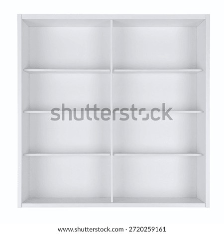 A clean, empty white modular shelving unit with eight compartments and shelves, presented in a front view isolated on a white background.