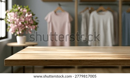 A clean, empty wooden table in the foreground, with a blurred background showing a clothing rack with garments and a window with flowers.