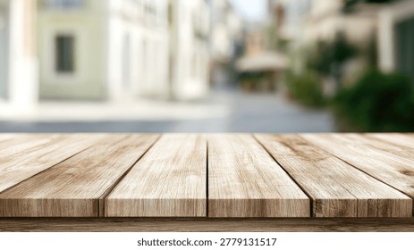 A clean, empty wooden table surface in the foreground, with a blurred background of a European-style city street.
