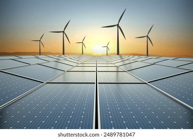 clean energy concept, Solar power plant and wind turbines at beautiful sunset background. - Powered by Shutterstock