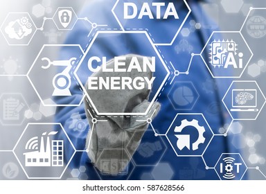 Clean Energy Industry 4.0 Concept. Intelligence Factory. IoT, AI, BIG DATA, COMPUTING, ROBOTIC, CLOUD, WIFI Integration Manufacturing And Engineering Technology. Ecology Power Production