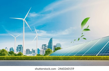 clean energy for transportation. wind turbine and solar panel.green leaf blowing in sky.renewable energy to businesses, people, and smart city .new generation of power.clean and environmental friendly