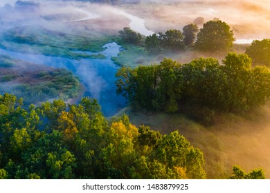 Clean Environment Concept. Blue River Flows Along Green Rural Area, Beautiful Landscape