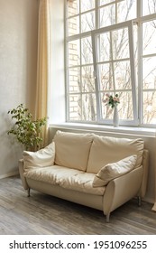 Clean Family Room With White Leather Couch And Large Window