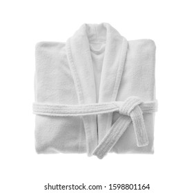 Clean folded bathrobe isolated on white, top view