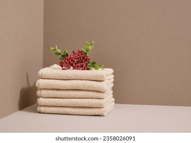 Clean fresh shower towels and plant composition. Copy space for text. - Shutterstock ID 2358026091