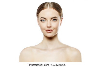 Clean Fresh Skin. Perfect Natural Young Female Face. Beautiful Model With Clear Skin. Closeup Beauty Portrait With Nude Makeup. Cosmetology And Spa. Facial Treatment