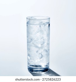 A clean, high-angle studio shot of a refreshing glass of mineral water filled with large ice cubes. The glass is covered in fresh condensation droplets, highlighting its cold temperature. Set against a minimalist bright white background with a soft shadow, perfect for health, wellness, or beverage advertising.