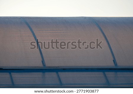 Clean horizontal framing emphasizing the smooth taut translucent plastic cover of a large modern agricultural greenhouse reflecting the very soft evening sunlight perfectly