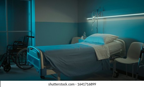 Clean hospital room interior at night with bed and medical equipment, medicine and healthcare concept