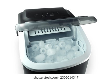 a lot of clean ice are made by black modern design ice maker during summer on the white table with background of white cement wall