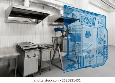 Clean industrial room or lab with stainless steel equipment overlaid with a futuristic blue digital HUD interface showing data analysis
