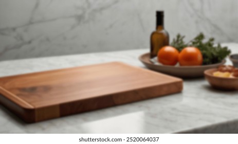 A clean marble kitchen countertop with wooden cutting board and fresh ingredients in the background, offering a warm and inviting culinary setting - Powered by Shutterstock