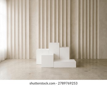 A clean, minimalist studio scene featuring white geometric blocks arranged as pedestals against a backdrop of soft, neutral curtains.