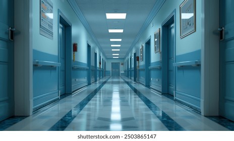 A clean, modern hospital corridor with polished floors, blue walls, and bright lighting, extending into the distance. (Wide-Angle) - Powered by Shutterstock