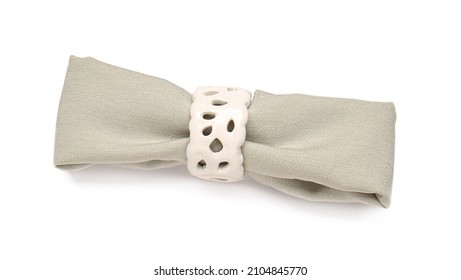 Clean Napkin With Ring On White Background