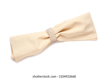 Clean Napkin With Ring On White Background