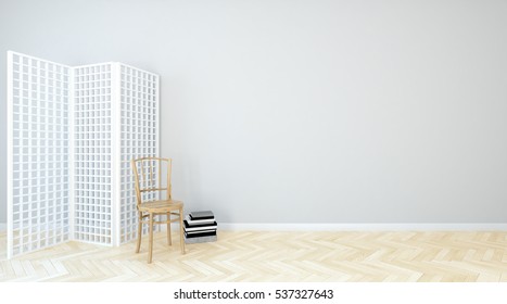 Clean And Neat Living Room With Wooden White See Through Screen.