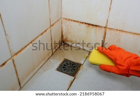 Clean old dirty bathroom floors and walls, bathroom cleaning tools to try and remove dirt, mold and corrosion from white bathroom tiles. sponge.
