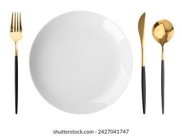 Clean plate, fork, knife and spoon on white background, top view