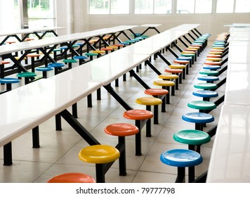 Clean School Cafeteria With Many Empty Seats And Tables.