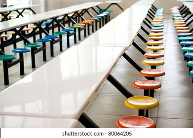 Clean School Cafeteria With Many Empty Seats And Tables.