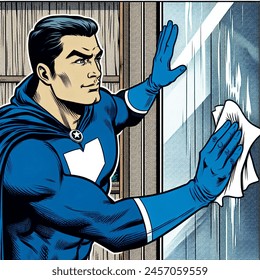 a clean shaved male super hero in blue suit and navy blue cloak  is cleaning shower cabin's glass door's limescale stains with white  paper cleaning wipe in marvel style drawing