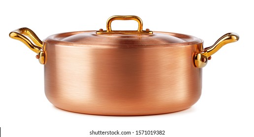 Clean and shiny copper pot isolated on white background
