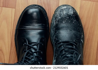 A clean shoe stands next to a dirty one.
