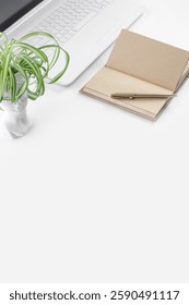 A clean and simple composition featuring a white laptop, an open notebook with a pen, and a spider plant in a unique white pot on a white table. Vertical crop. Copy space.